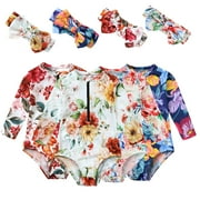 MXIEZI Newborn Baby Girls Swimsuits Infant Zipper Bathing Suit Sun Quick Drying Flower Printing Swimsuit 6M-12M Baby Long Sleeve One-Piece Swimsuit
